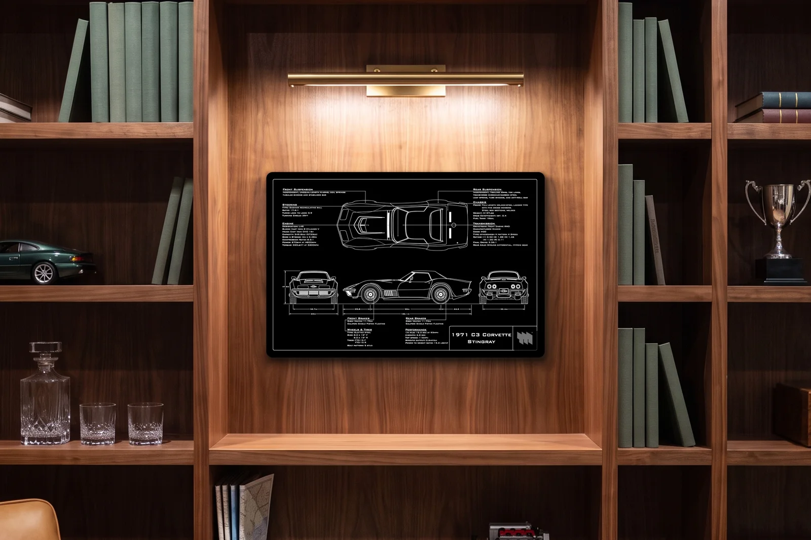 1971 C3 Corvette Stingray, in a walnut library, landscape