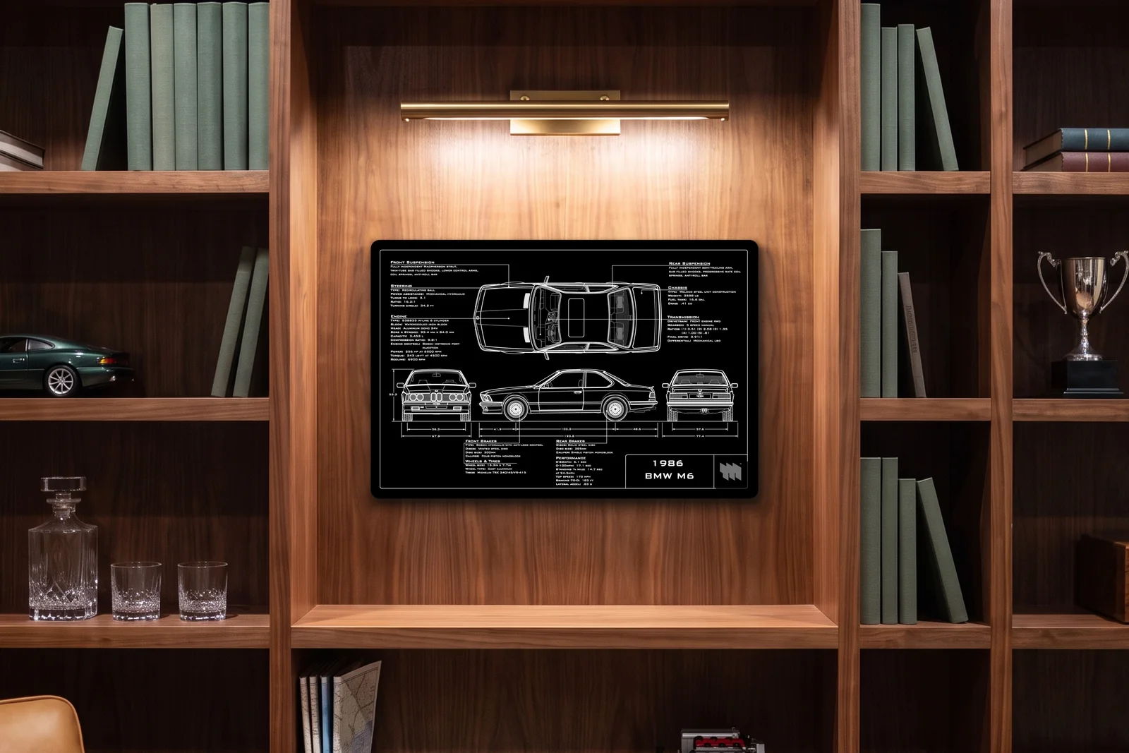 1986 BMW M6, in a walnut library, landscape