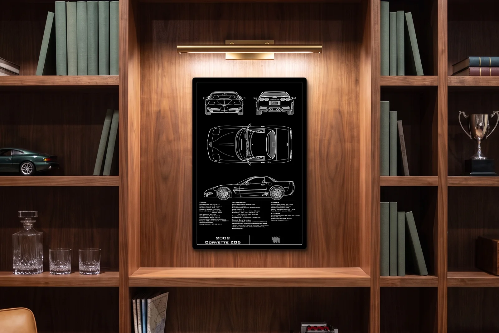 2002 Corvette Z06, in a walnut library, portrait