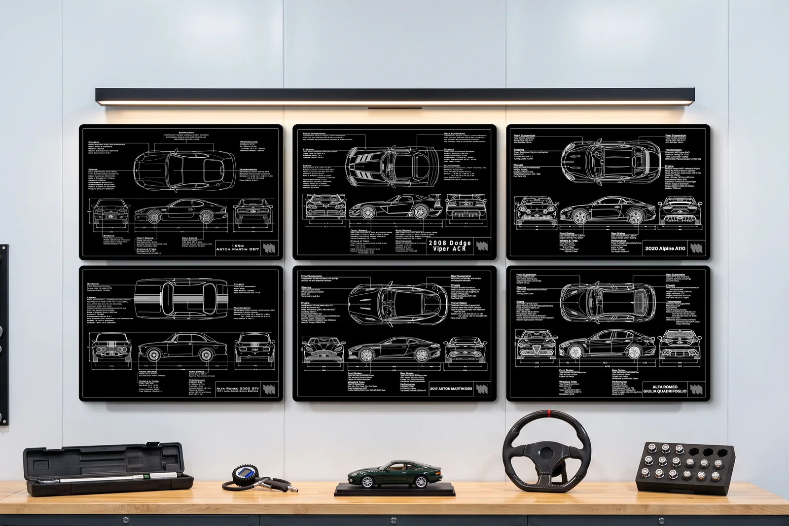 2008 Dodge Viper ACR, one of six on a workshop wall