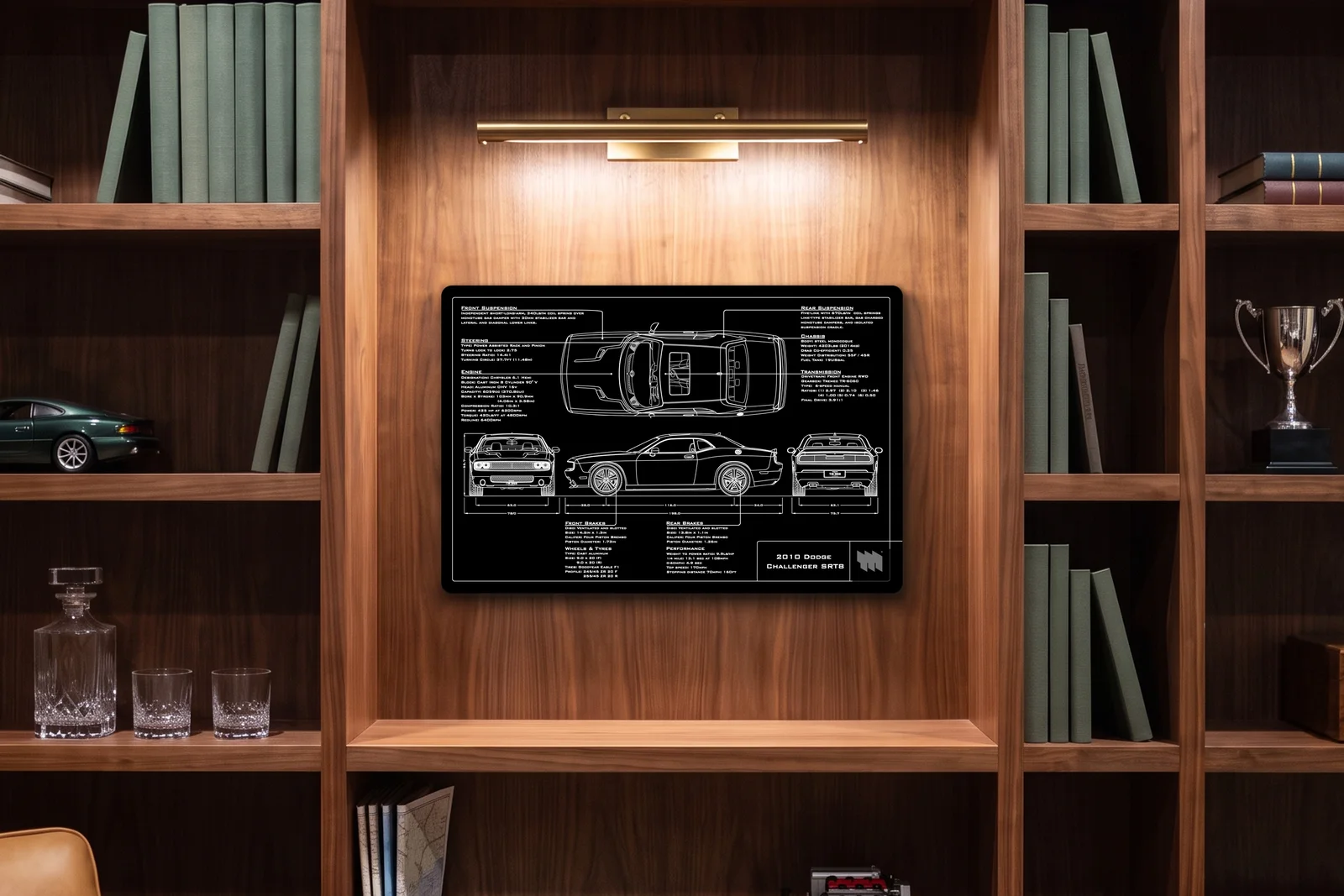 2010 Dodge Challenger SRT8, in a walnut library, landscape