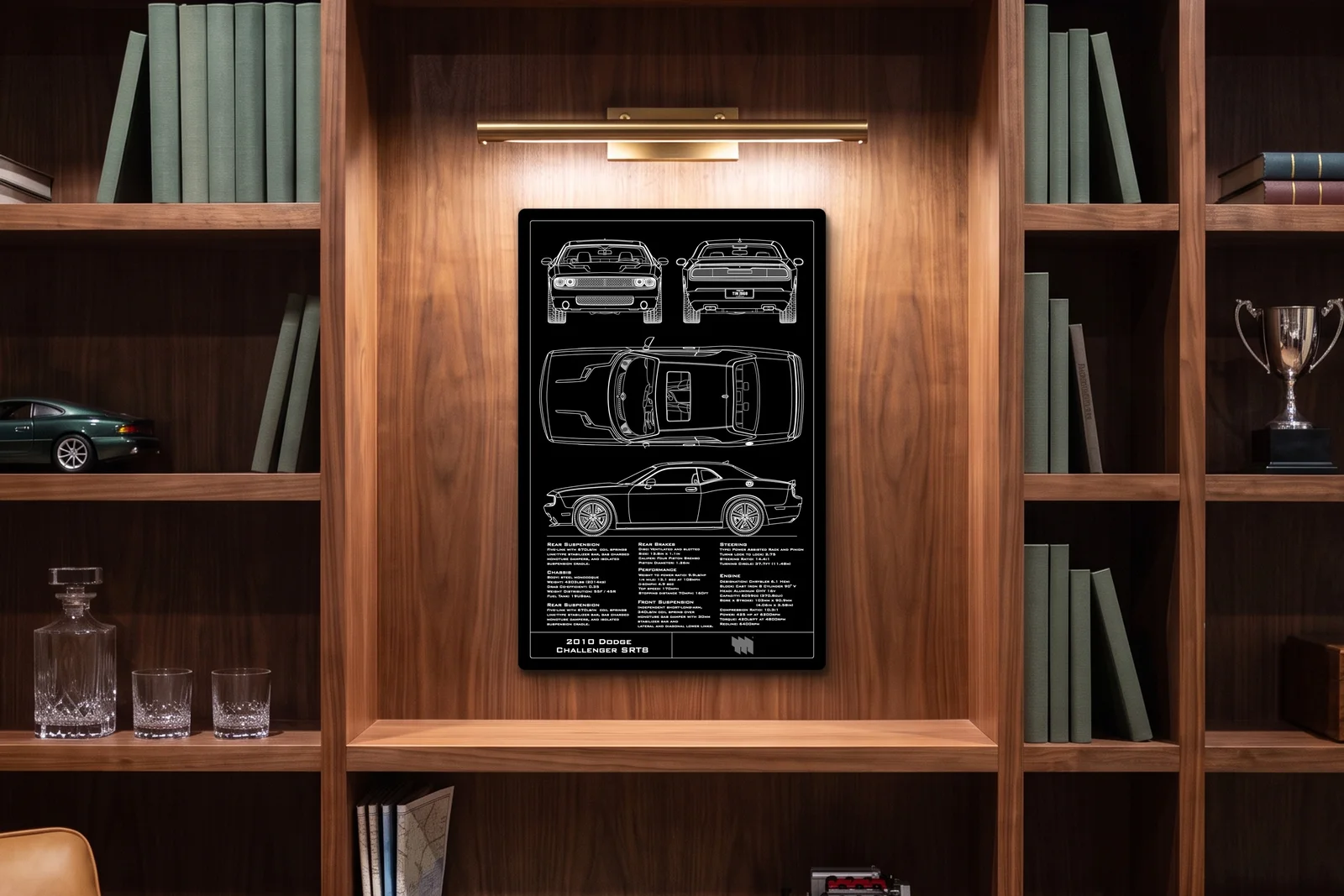 2010 Dodge Challenger SRT8, in a walnut library, portrait