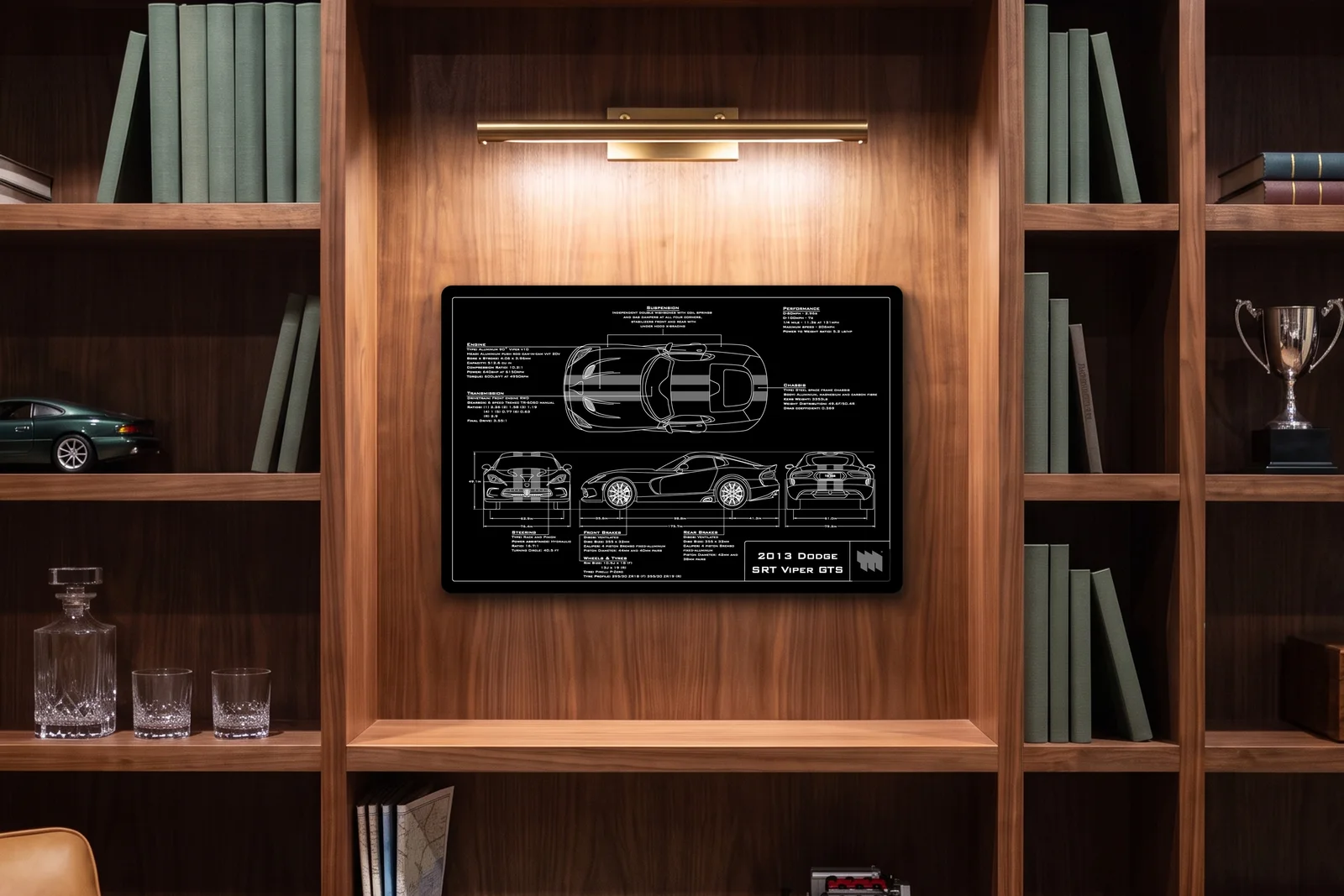 2013 Dodge SRT Viper GTS, in a walnut library, landscape