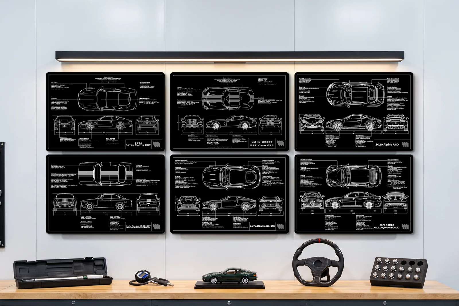 2013 Dodge SRT Viper GTS, one of six on a workshop wall