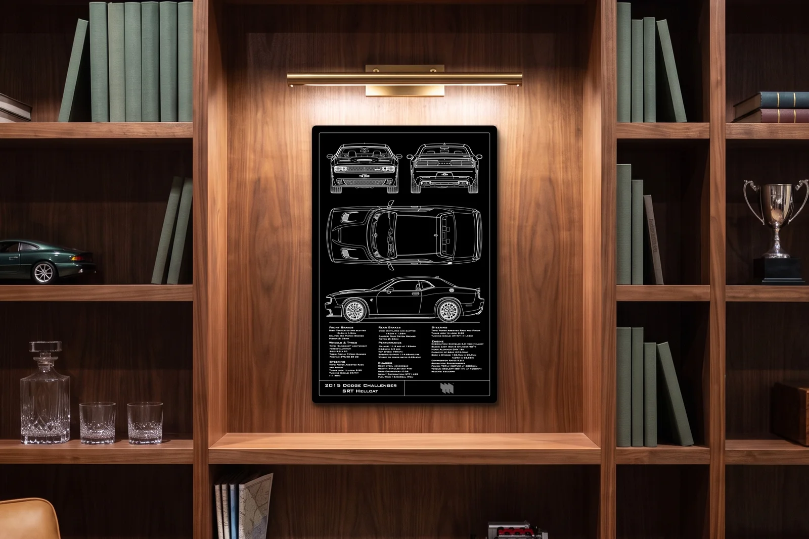 2015 Dodge Challenger SRT Hellcat, in a walnut library, portrait