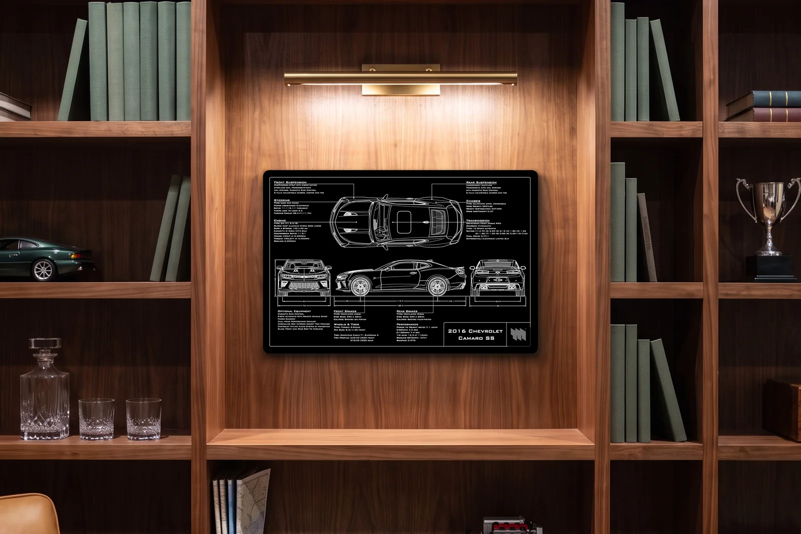 2016 Chevrolet Camaro SS, in a walnut library, landscape