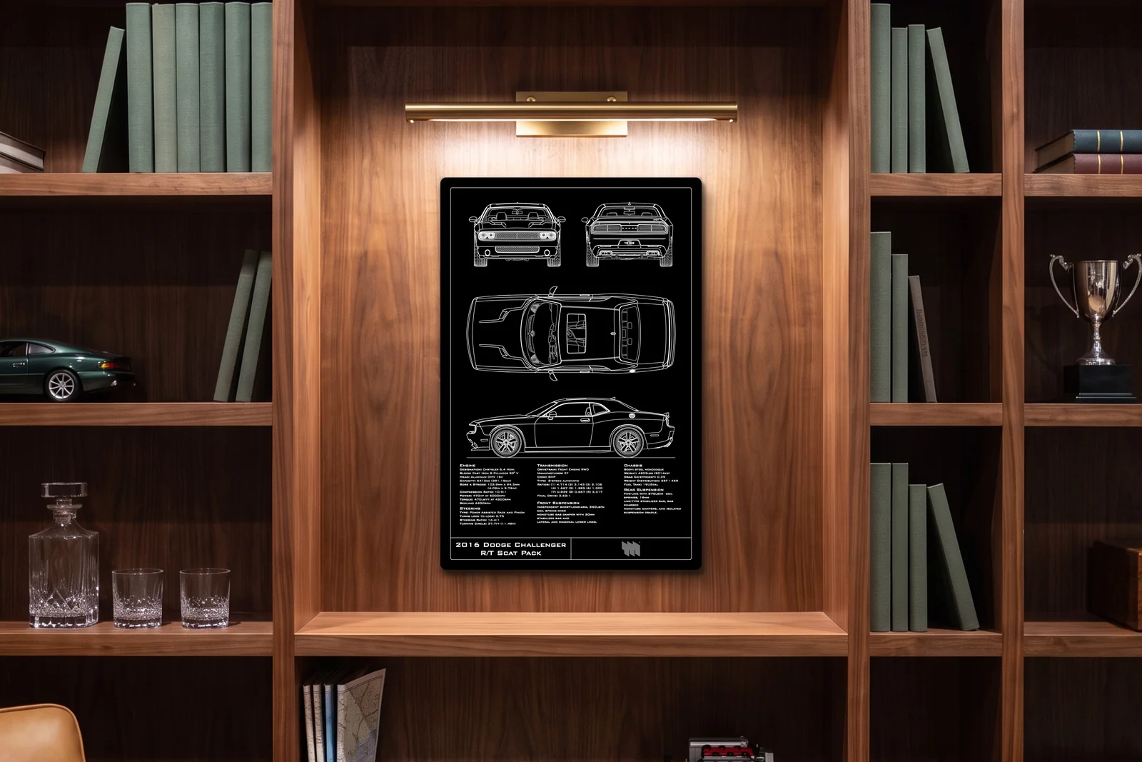 2016 Dodge Challenger R/T Scat Pack, in a walnut library, portrait
