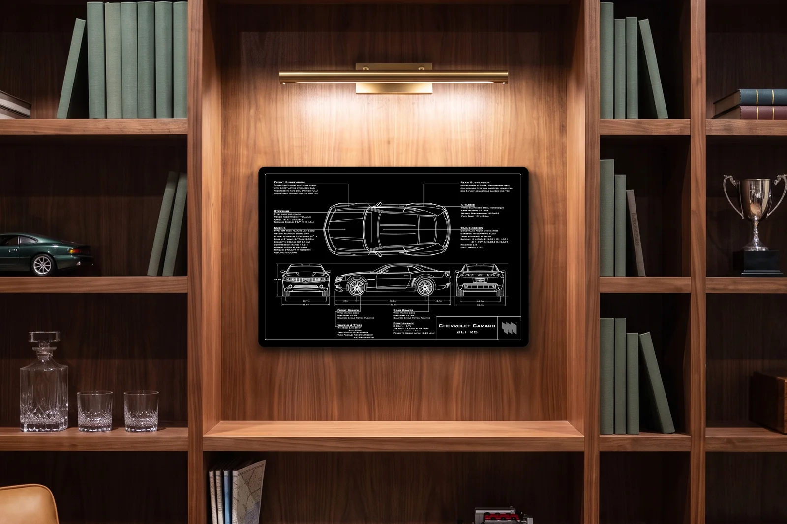 Chevrolet Camaro 2LT RS, in a walnut library, landscape