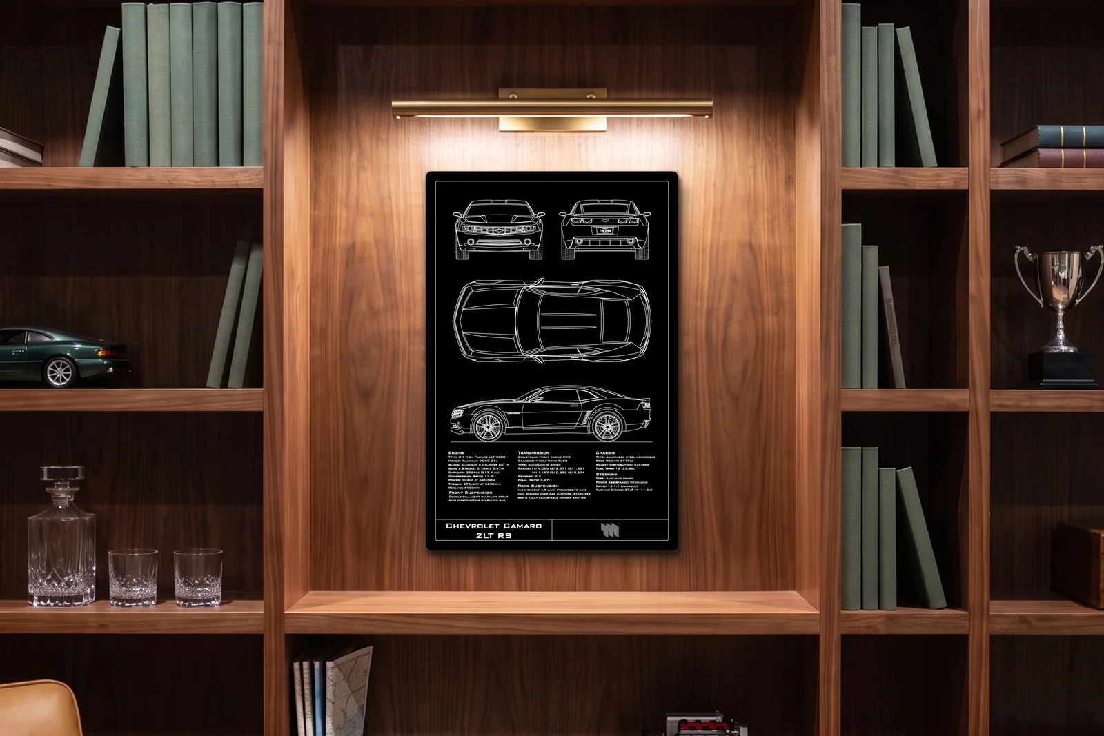 Chevrolet Camaro 2LT RS, in a walnut library, portrait